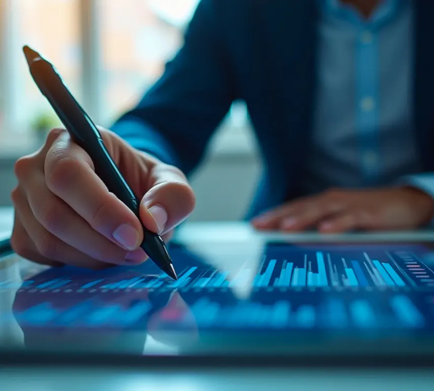 Business user interacting with tablet and digital network interface