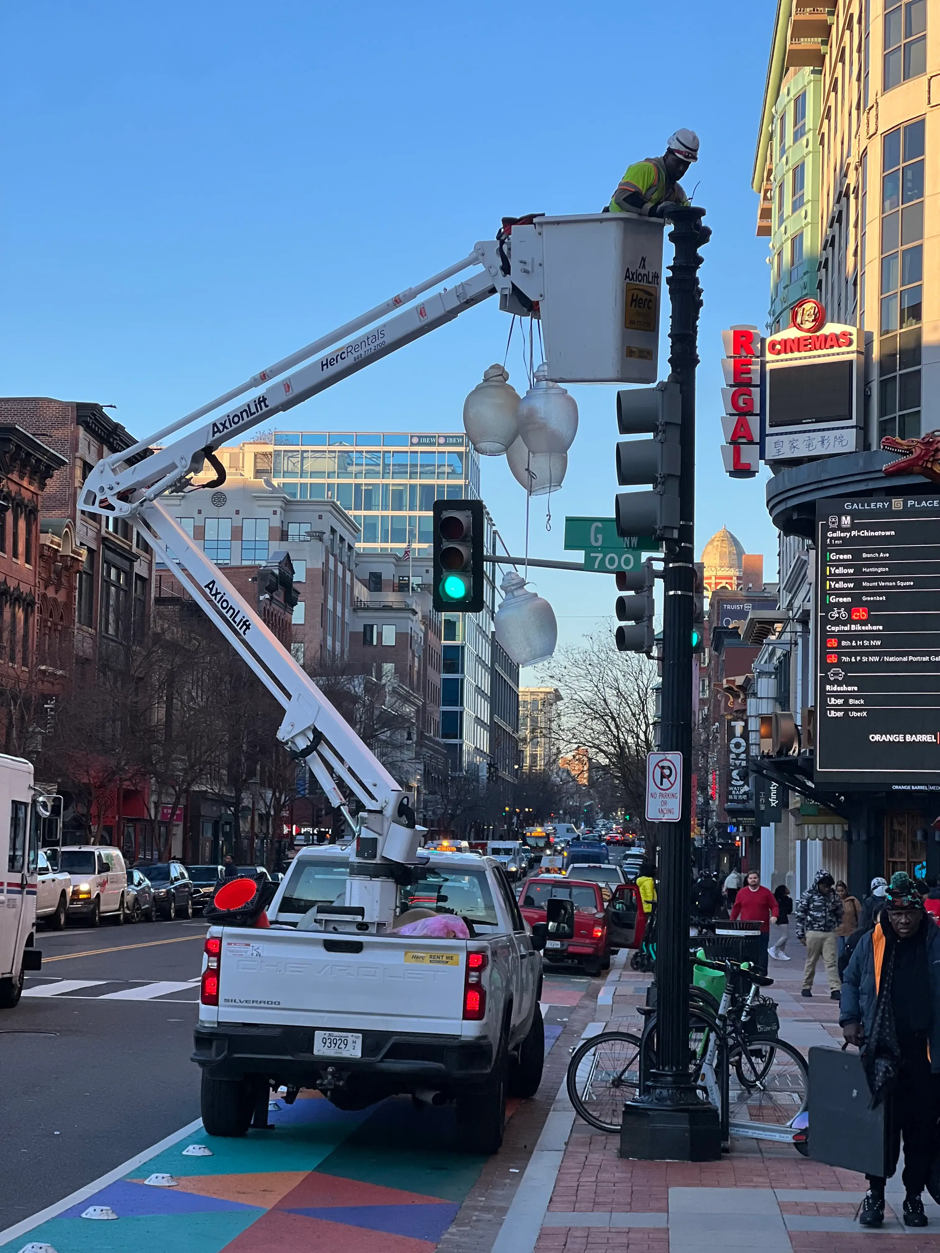 Bucket truck performing LED streetlight work in Washington, DC